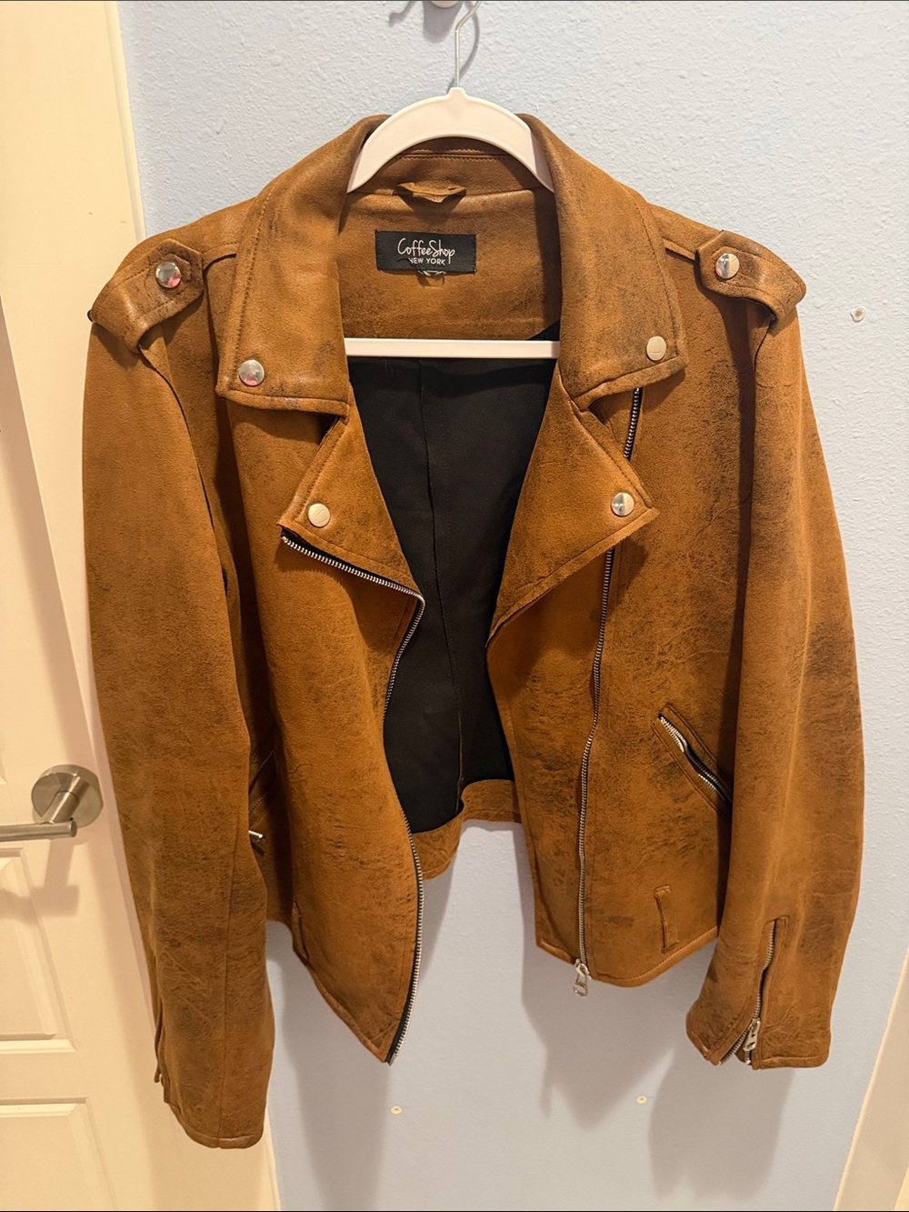 CoffeeShop Brown Suede-Style Bomber Moto Jacket